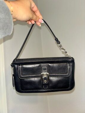 Coach Black Leather Wristlet with Front Buckle and Silver Hardware